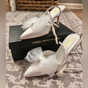 White Satin Rhinestone Bow Ankle Strap Pumps